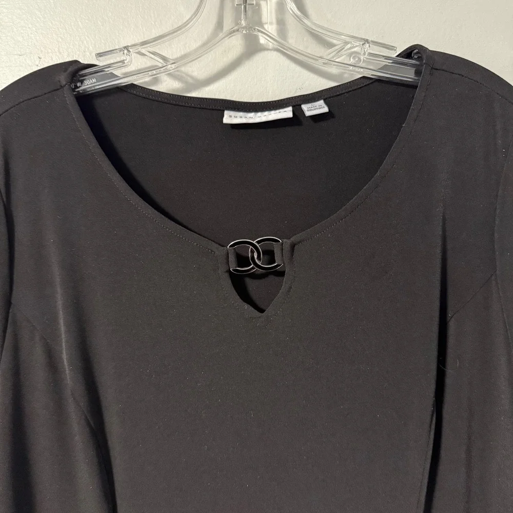 Susan Graver‎ Black Liquid Knit Dress 3/4 A-line Sleeve Keyhole Neck Size L